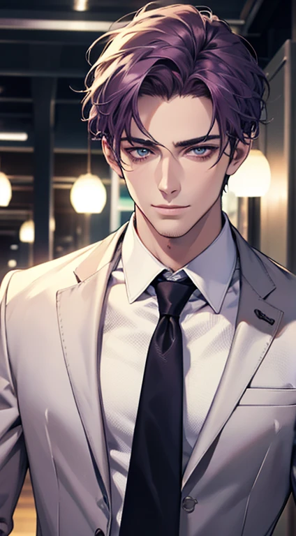 (best quality,4k,8k,highres,masterpiece:1.2),ultra-detailed,(realistic,photorealistic,photo-realistic:1.37),1 man,31 years old,mature man,very handsome,without expression,smile,short purple hair,blue eyes,penetrating gaze,perfect face without errors,imposing posture,businessman,office background,cinematic lighting,hdr image