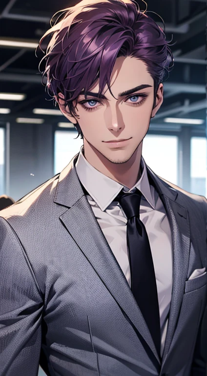 (best quality,4k,8k,highres,masterpiece:1.2),ultra-detailed,(realistic,photorealistic,photo-realistic:1.37),1 man,31 years old,mature man,very handsome,without expression,smile,short purple hair,blue eyes,penetrating gaze,perfect face without errors,imposing posture,businessman,office background,cinematic lighting,hdr image