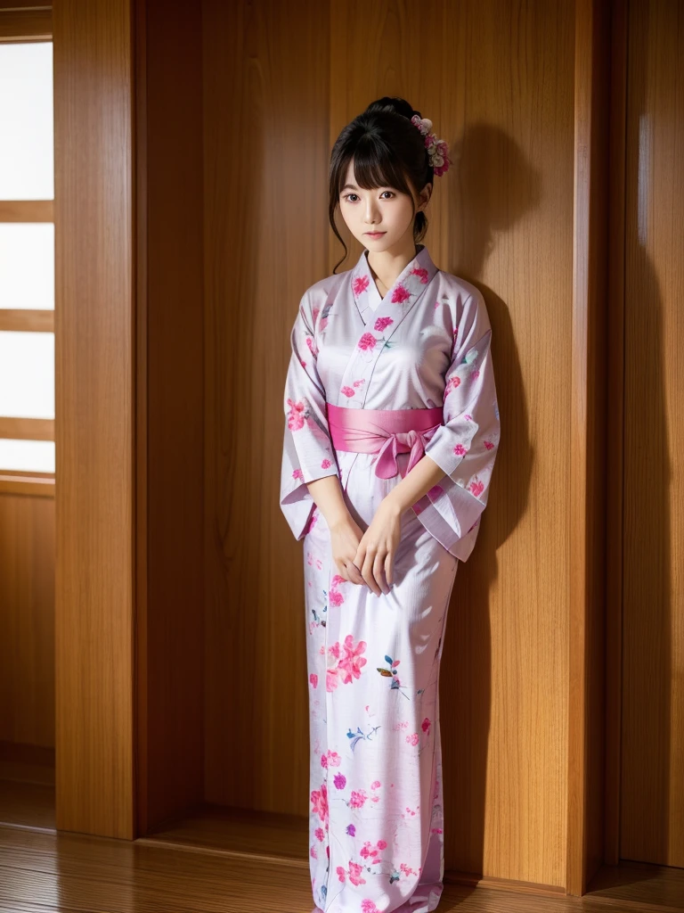 A beautiful yukata made of cotton、(Highest quality)、((Very detailed))、4K、(8K)、masterpiece、Very detailedな、Highest quality、Super Resolution、1 person、Kind Face、Soft Light、RAW quality、Soft Skin、163cm、30 years old、geta、Standing posture