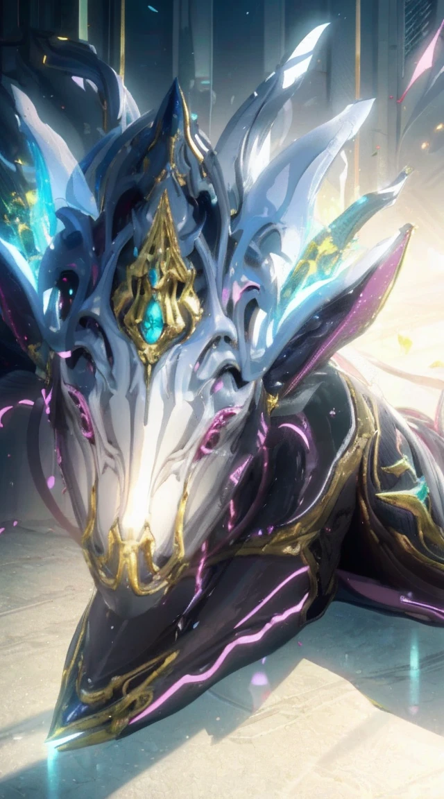 1 Girl, No Face, mysterious, Helmet, Unicorn horn, Glowing Eyes,  Extreme detail, Shiny Metal, Dynamic Angle, Detailed light, dramatic_Shadow, Ray_trace, reflection,born, Cinematic shots, (Sharp focus:1.5), (Realistic:1.2), dusk lighting, Volumetric lighting, Ultra-high resolution, 16K,dramatic lighting,