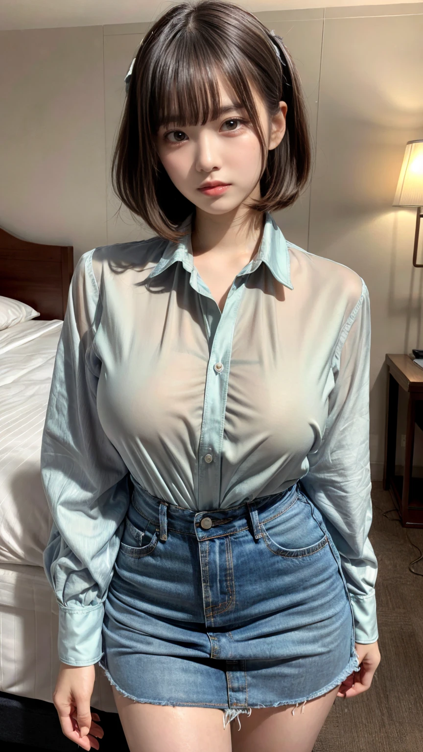 masterpiece, best quality, illustration, Super detailed, fine details, High resolution, 8K,wall paper, perfect dynamic composition,(Details High quality, realistic depiction of eyes:1.3), standing, short hair, (wavy hair:1.2), (Oversized_Shirt:1.2)、Oversized_Shirt, Layered Cut, black hair color, Big Natural Color Lip, hotel room, crying a little、cold gaze, Harajuku style、20 year old girl、cute type、lolita, Gravure Idol, full body photo、focus on crotch, huge breasts