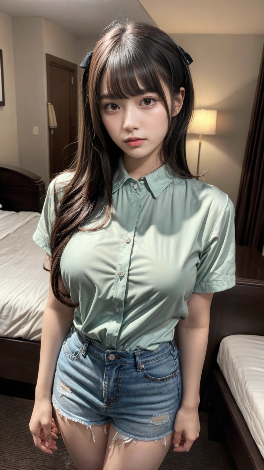 masterpiece, best quality, illustration, Super detailed, fine details, High resolution, 8K,wall paper, perfect dynamic composition,(Details High quality, realistic depiction of eyes:1.3), standing, short hair, (wavy hair:1.2), (Oversized_Shirt:1.2)、Oversized_Shirt, Layered Cut, black hair color, Big Natural Color Lip, hotel room, crying a little、cold gaze, Harajuku style、20 year old girl、cute type、ta, Gravure Idol, full body photo、focus on crotch, huge breasts