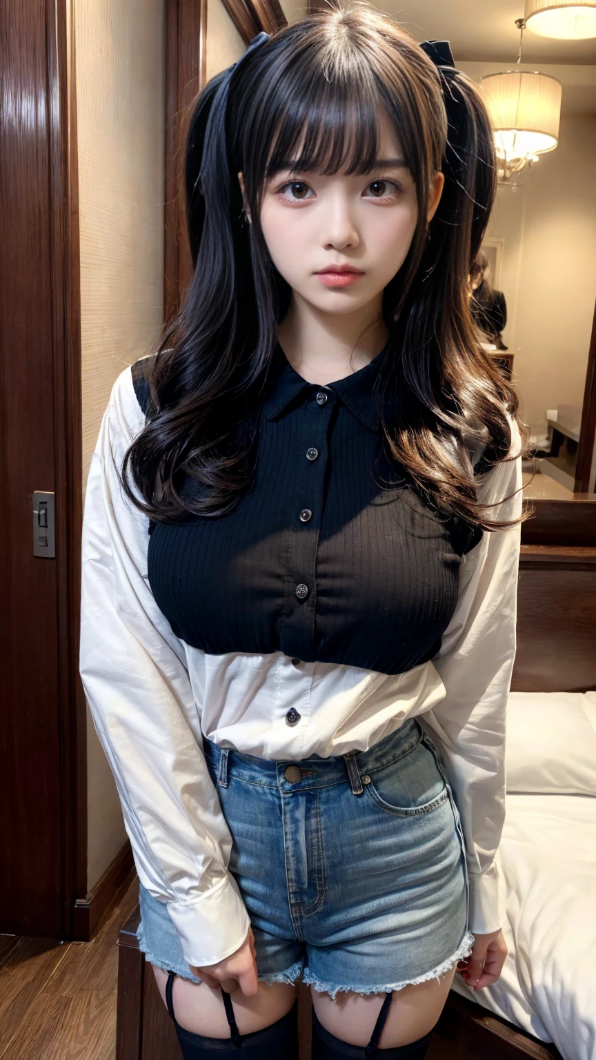 masterpiece, best quality, illustration, Super detailed, fine details, High resolution, 8K,wall paper, perfect dynamic composition,(Details High quality, realistic depiction of eyes:1.3), standing, short hair, (wavy hair:1.2), (Oversized_Shirt:1.2)、Oversized_Shirt, Layered Cut, black hair color, Big Natural Color Lip, hotel room, crying a little、cold gaze, Harajuku style、20 year old girl、cute type、lolita, Gravure Idol, full body photo、focus on crotch, huge breasts