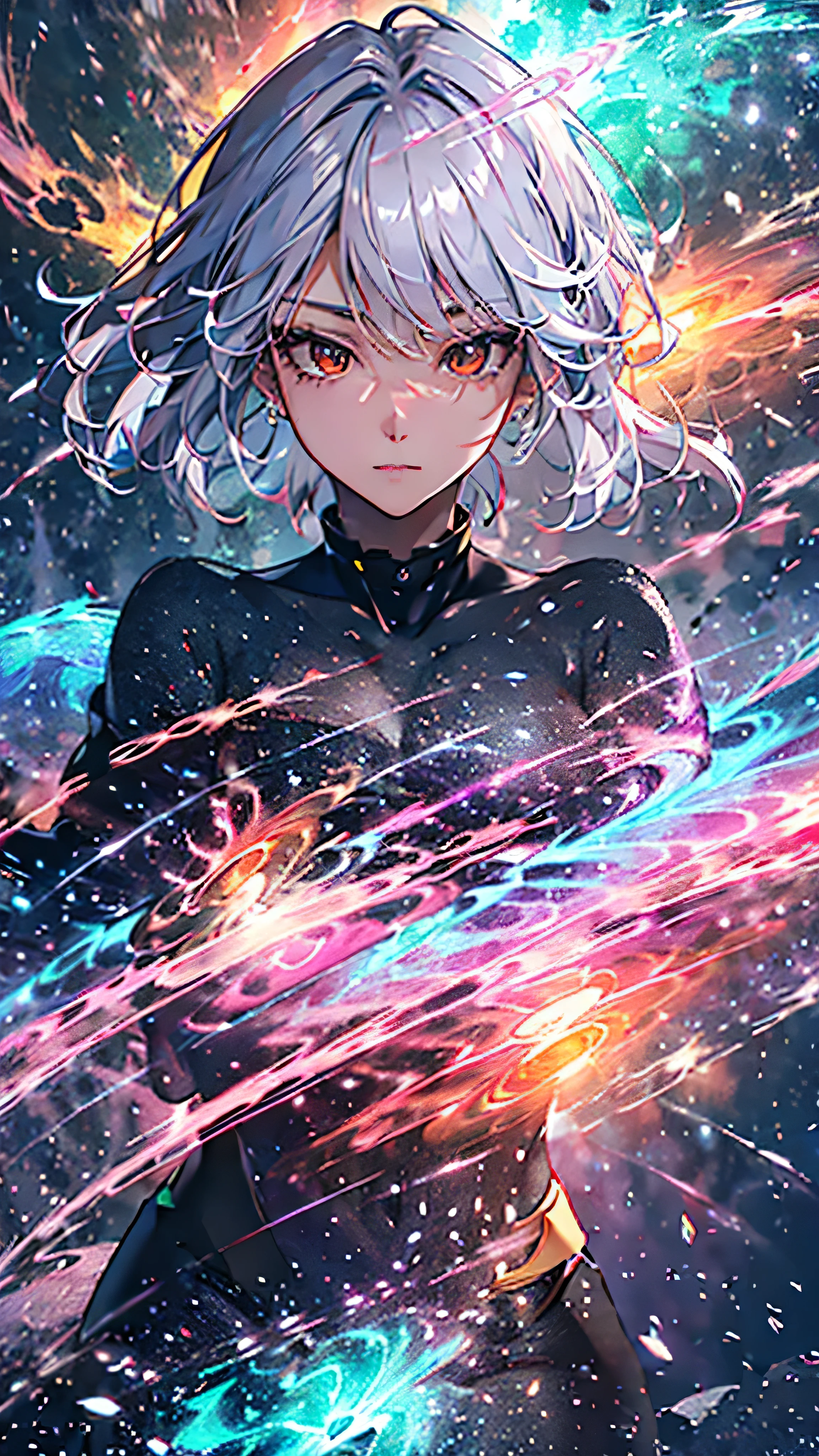 longeyelashes, solid circle eyes, ccurate, gradient hair, mole under eye, glowing eyes, eyeball, sad, nervous smile, silver hair, floating hair, expressive hair, drop shadow, anaglyph, stereogram, tachi-e, pov, atmospheric perspective, chromatic aberration, cinematic lighting, reflection light, anime, anime style, glowing light, chromatic aberration, Nikon, 8k, super detail, best quality, UHD, high details, textured skin