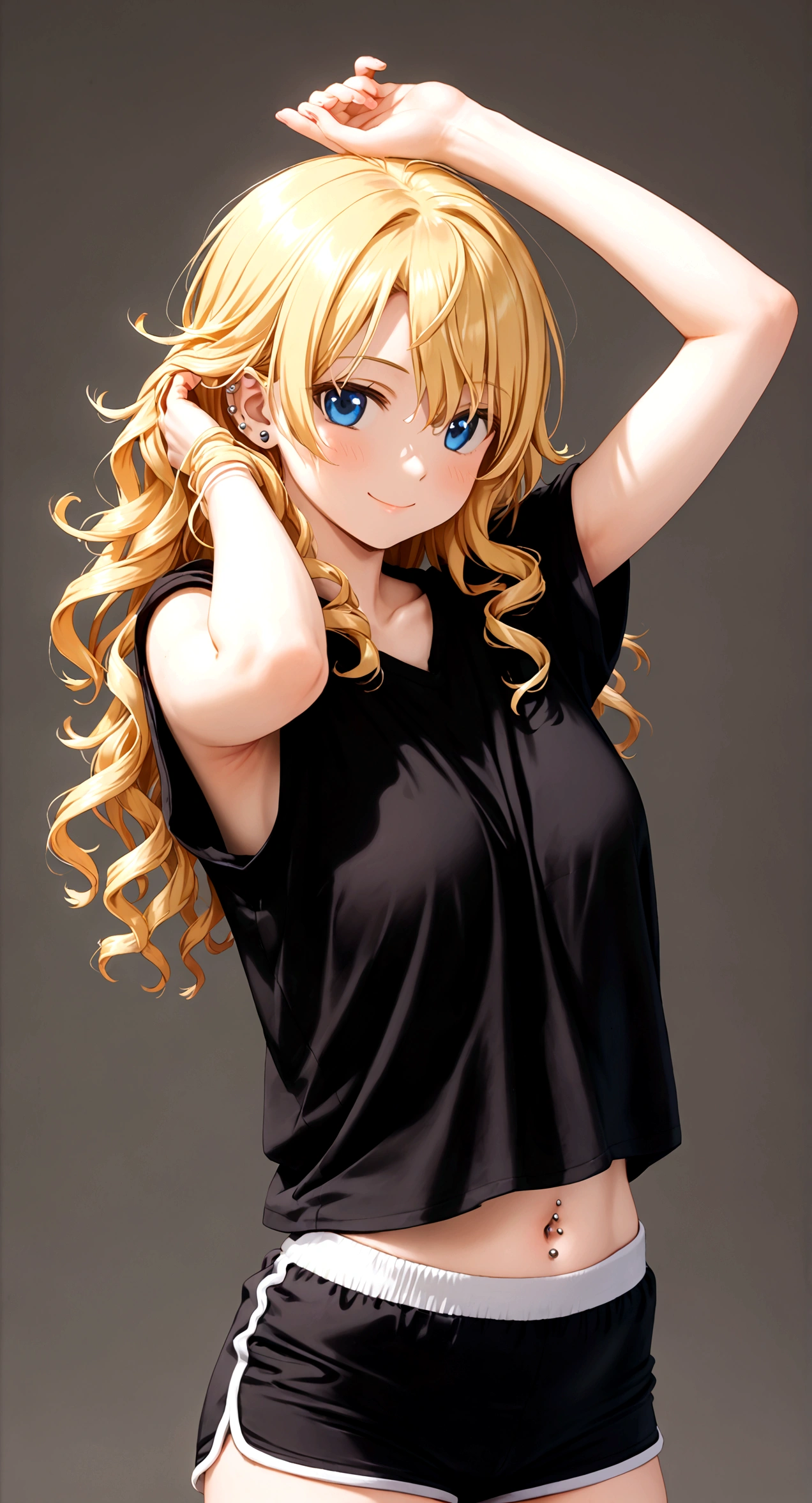 ((Generate a hyper-realistic half-length portrait of a captivating scene featuring a stunning 20-year-old girl,)) ((semi lateral view,)) with medium long blonde hair, loose curls, a small smile, with sports shorts and a black shirt. ((with his arms raised playing with his hair,)) piercing, blue eyes, medium chest, photography style , extremely realistic, ,real photo,Tespero