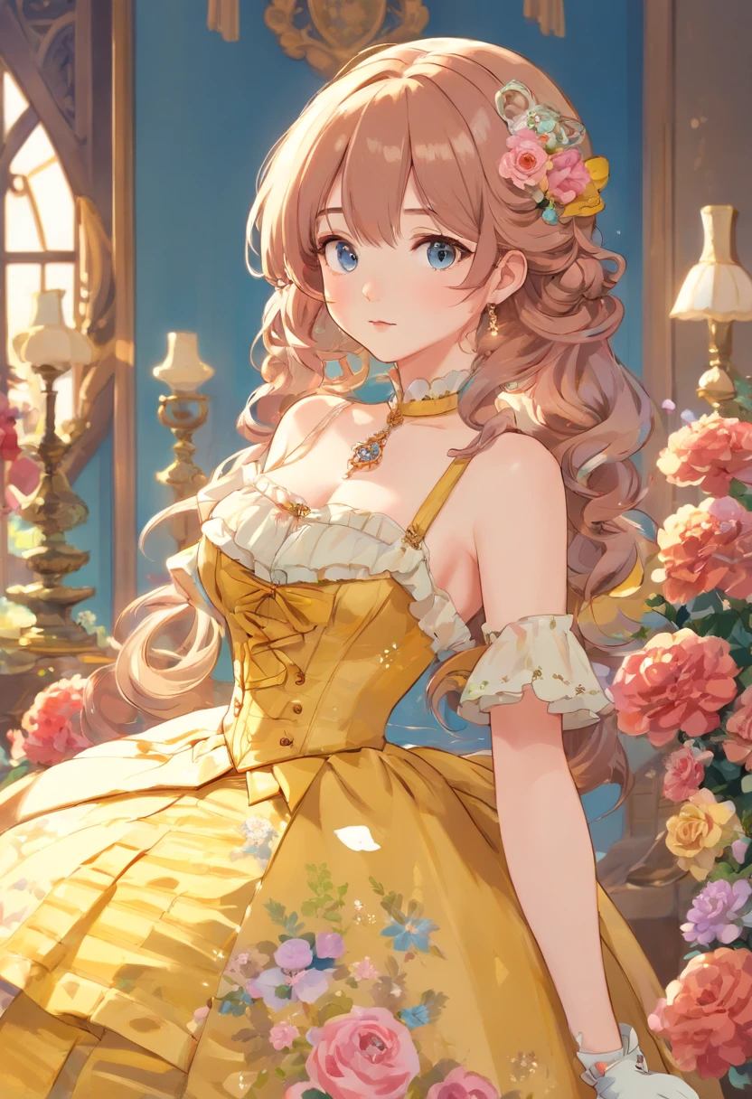 (Masterpiece), (best quality), illustration of Victorian Girl、kawaii girl、aniime、 1. **lo fashion**: Victorian fashion is characterized by dressy and elegant design。Ruffles and laces、corsets、Try incorporating elements such as long dresses。 2. **hairstyle on**: Women's hairstyles in the Victorian era are often complex and delicate。Upstyling and curling、It is also a good idea to add ribbons and floral ornaments to the hair.。 3. **Features**: girl features with soft features、Beautiful、kawaii、intelligent Beatty, Beautiful 5. **accessorized**: Accessories played an important role in the Victorian era。Hats、gloves、umbrellas, etc.、By drawing accessories with attention to detail、You can give your character personality。 Nice dress、florals、Luxurious costumes、PastelColors, (shining brightly), ((dazzling)), (floating a lot of flower petals, ((2d)), ((paper art))、(((glamorous)))、Plump、(((Chubby Mature Woman)))、(((Huge breasts)))、sexy woman、(Voluptuous:1.2)