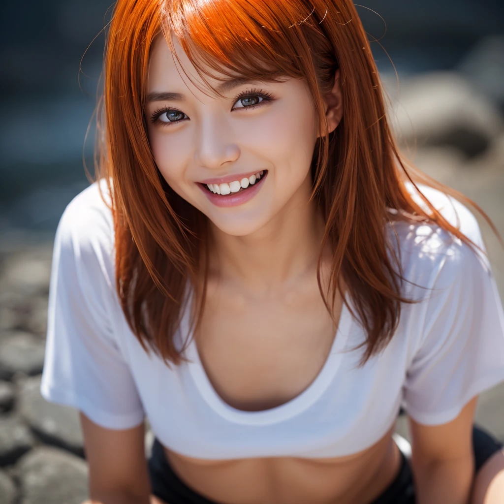 highest quality、8k、32K、Masseter muscle part、nffsw:1.3)、cute japanese girl、1 girl、long hair、profile、(crack your abs、slim body shape:1.2)、(lips) 、smiling showing teeth,(orange hair)、double eyelid、shiny skin、realistic rays of light、big、beautiful face、(laughter:1.3)、squat、(From above:1.2)、(Close-up:1.4)、coastal、white t-shirt、blurred background、(front focus)、(dark: 1.6)、fantasy art、photo realistic、professional lighting、highly detailed face、award-winning、deep shadow、((Ultra-realistic raw photos)),fine eyes,Eyes like the real thing,fine hair,