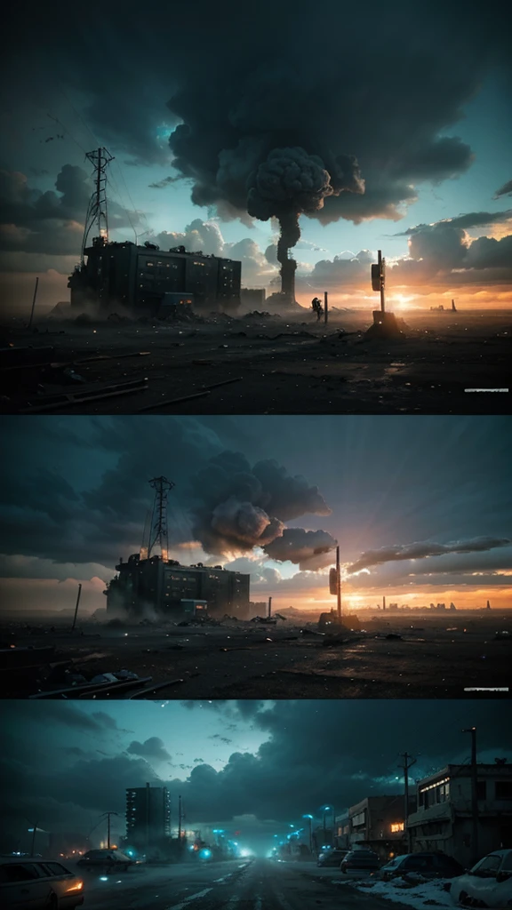 A post-apocalyptic world, destroyed by zombies, 4k realistic imagery, blue scenery like a movie scene, old american setting, inspired by blade runner movie scene, blue tone,