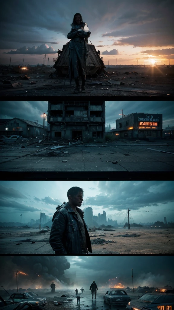 A post-apocalyptic world, destroyed by zombies, 4k realistic imagery, blue scenery like a movie scene, old american setting, inspired by blade runner movie scene, blue tone,