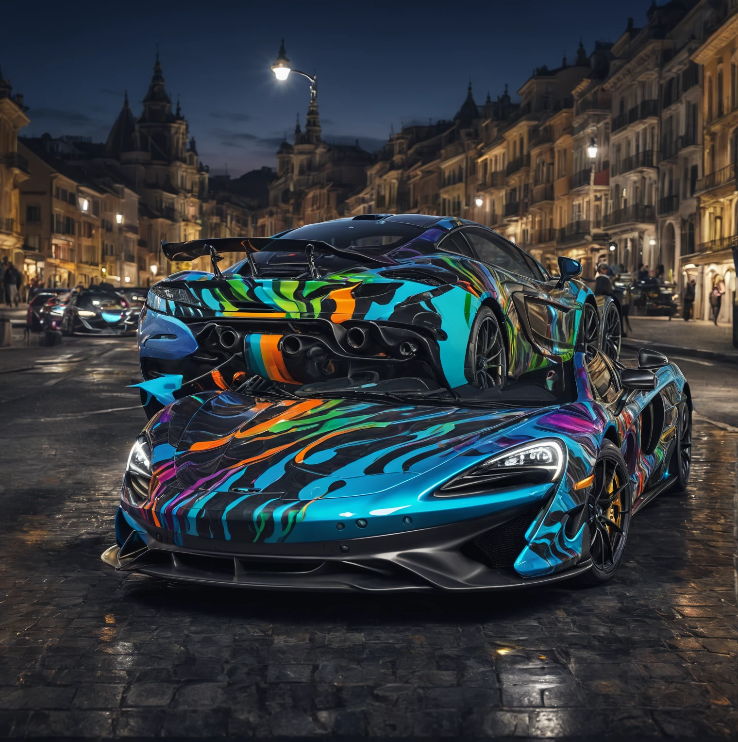 Create creative and surprising images demonstrating McLAREN 570S GT4 , hyperrealisti, 8K, swirly vibrant colors, clear and sharp image