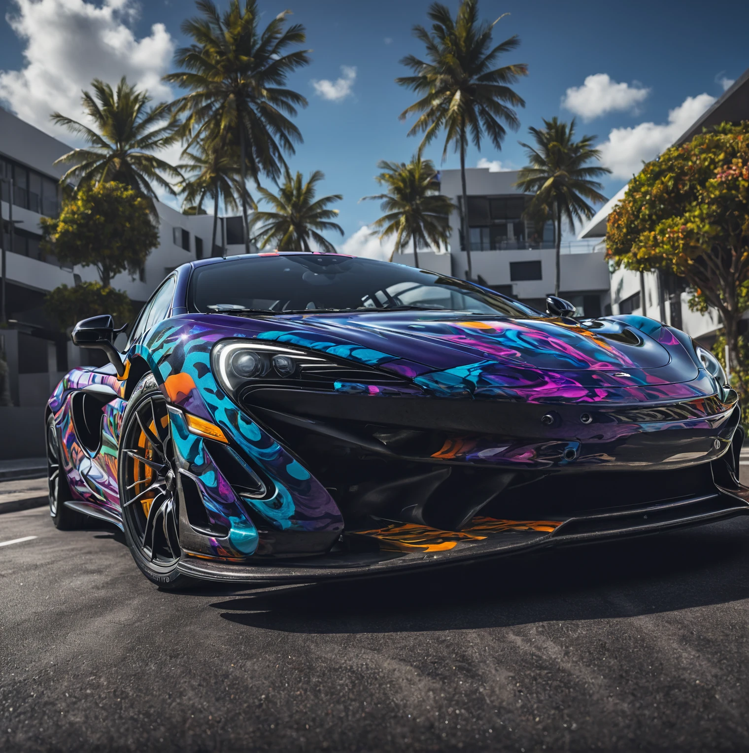 Create creative and surprising images demonstrating McLAREN 570S GT4 , hyperrealisti, 8K, swirly vibrant colors, clear and sharp image