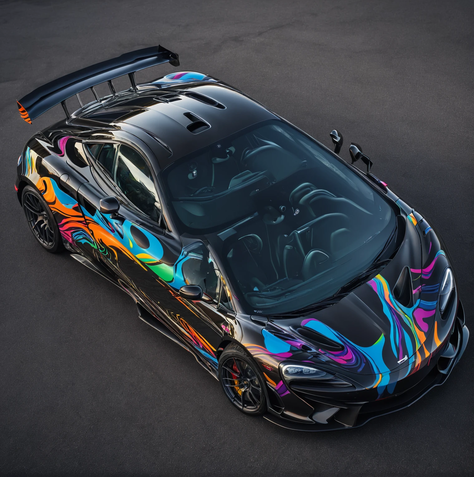 Create creative and surprising images demonstrating McLAREN 570S GT4 , hyperrealisti, 8K, swirly vibrant colors, clear and sharp image