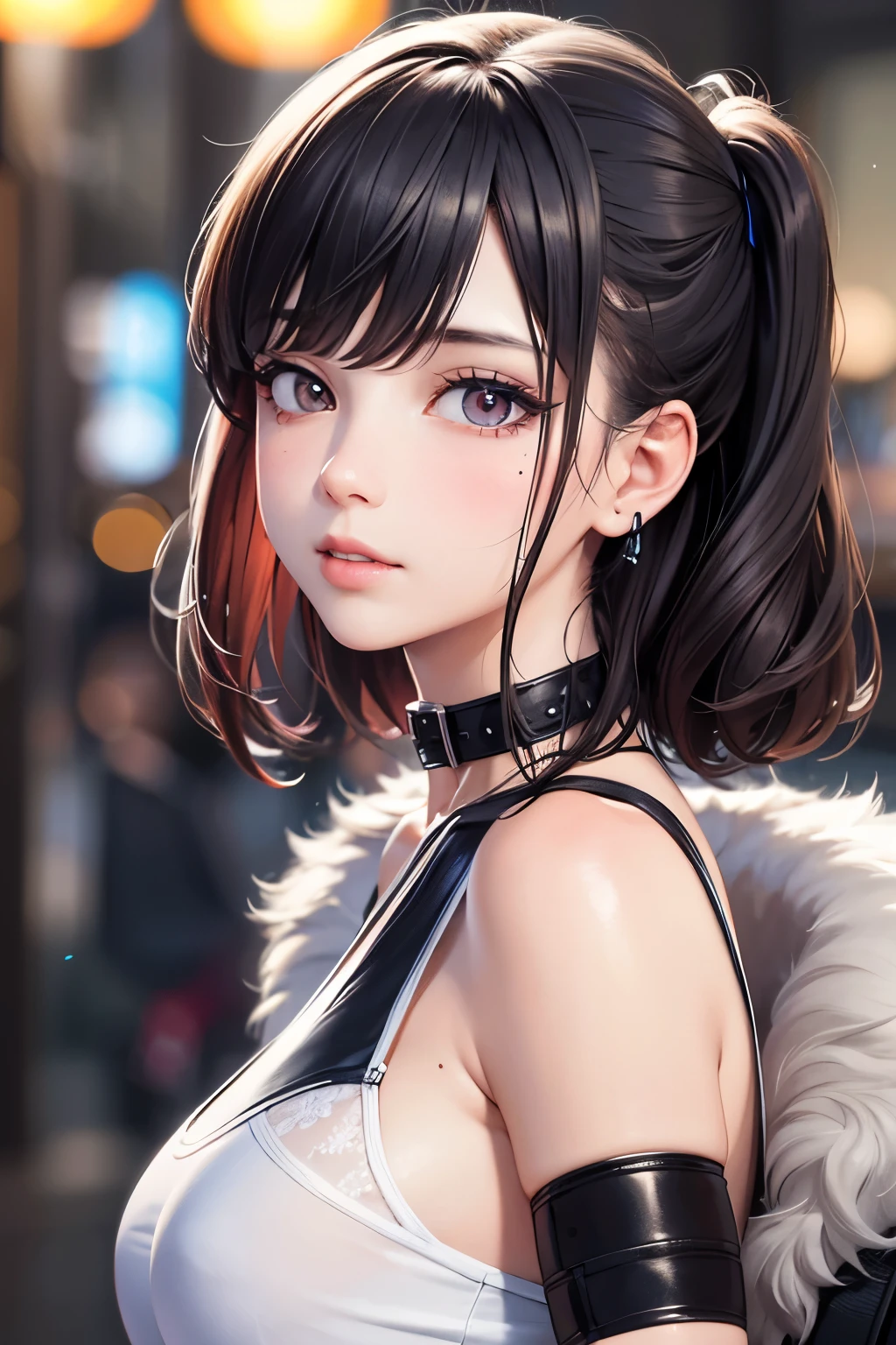 masterpiece, best quality, highly detailed, high resolution, expensive resolution, high resolution, 4K, 8k, Unity 8k wallpaper, highly detailed CG, masterpiece, 2D, 3D, beautiful details, depth, fine texture, best quality: 1.3, perfect focus, crispy skin, him, very cute, one 20-something girl, before a date with him, enjoying fashion, short twin tails, mole under eye, looking at the viewer, expensive, blush, mole, parted lips, heart, pink eyes, choker
