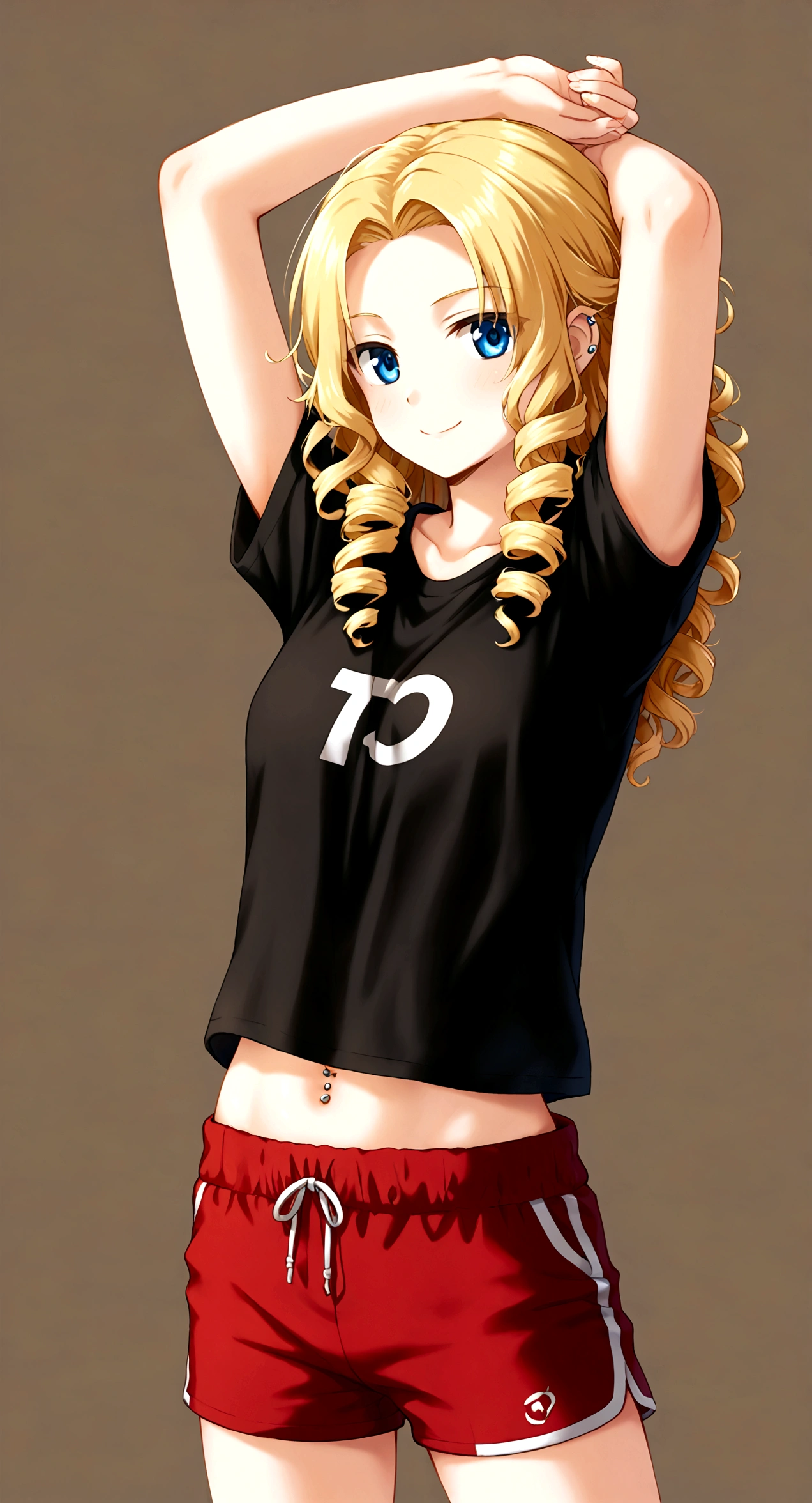 ((Generate a half-length anime portrait of a captivating scene featuring a stunning 20-year-old girl,)) ((semi lateral view,)) with medium long blonde hair, loose curls,a little evil smile, with sports shorts and a black shirt. ((with his arms raised playing with his hair,)) piercing, blue eyes, medium chest, photography style , extremely realistic,