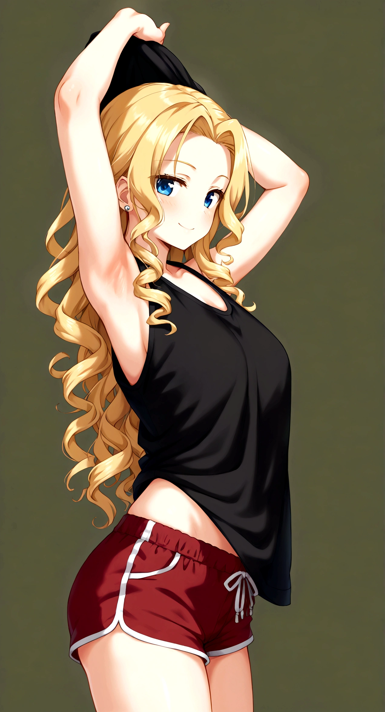 ((Generate a half-length anime portrait of a captivating scene featuring a stunning 20-year-old girl,)) ((semi lateral view,)) with medium long blonde hair, loose curls,a little evil smile, with sports shorts and a black shirt. ((with his arms raised playing with his hair,)) piercing, blue eyes, medium chest, photography style , extremely realistic,