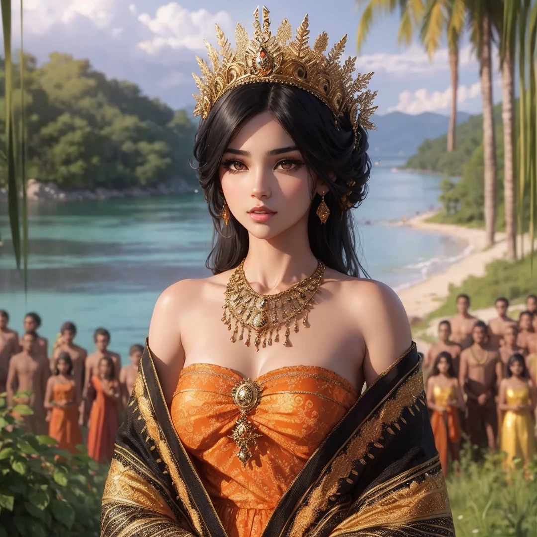 Beautiful girl, black hair, brown eyes, gold crown, gold necklace, orange and black dress
