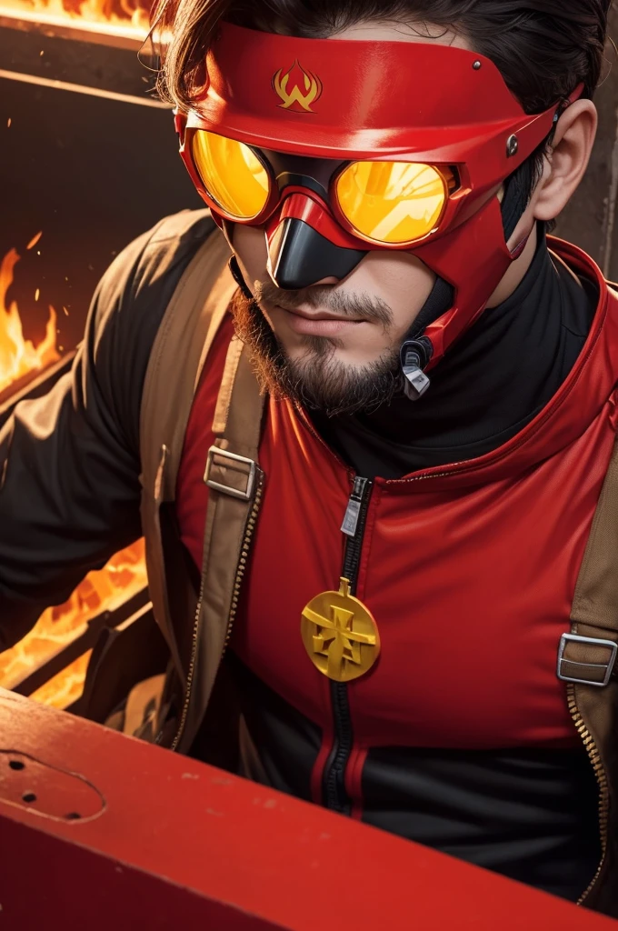 A hero in red clothing and mask with yellow details representing fire,welder glasses,and a fire symbol on the chest