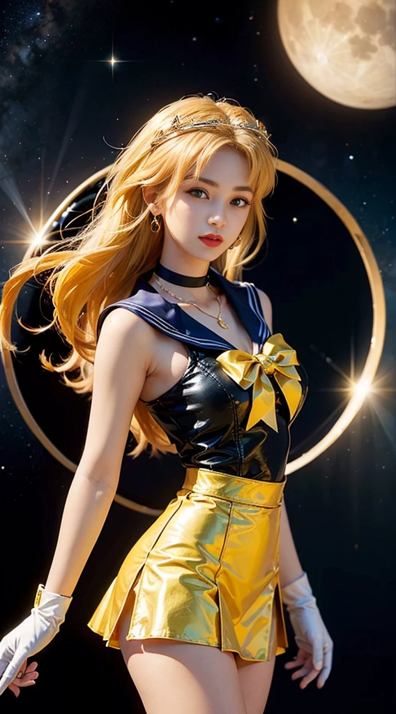 ((masterpiece:1.4)、(top-quality:1.4)、(reallistic:1.7))、masuter piece:1.4、a beauty girl、(Sailor Moon:1.4)、Tsukino Usagi、Body Fit Sexy Sailor Senshi Uniform、(latex shiny)、(The jacket is a white sleeveless sailor suit)、(Skirt Blue Sexy Ultra Ultra Pleated Mini Skirt)、The collar of the sailor suit is blue with two thin lines.、high leg swimsuit、Red cloth ornament on chest、(Wearing white gloves)、Kawaii Girl、Super beauty、foco nítido、Portrait photos、Upper body photography:1.4、beautiful countenance、beautidful eyes、Narrow waist、beauty legs、(yellow hair:1.4)、(length hair:1.2)、Beautiful udder、large full breasts:1.2、Sexy ass、Raw photo、red-lips、Red high heels:1.4、a choker:1.4、a necklace:1.4、耳Nipple Ring:1.4、Luxurious Golden Tiara:1.4、1 screen display、a moon、kosmos、spaceships、A space station、City of the Future