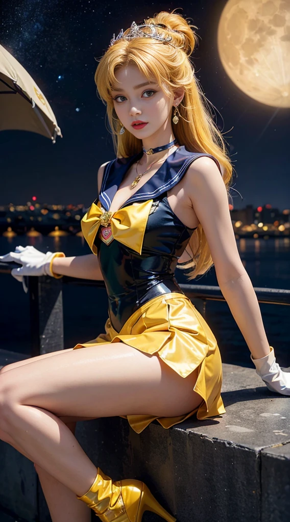 (Extreme detail CG Unity 8K wallpaper, masterpiece, highest quality), (exquisite lighting and shadow, highly dramatic picture, cinematic lens effect), (Sailor Moon: 1.1), charming smile, double tail, blue eyes, BLACK hair, tight top, gloves, mini skirt, dynamic pose), the background is the universe (excellent detail, excellent lighting, wide angle), (excellent rendering, enough to stand out in its class),all,whole body,whole