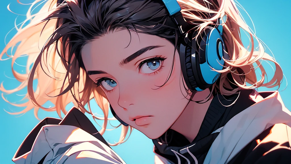 2D illustration, anime,  Manga style, Bishamon from noragami, 1 Girl,  Big Hair, Curly Hair, {{full name eyes}}, create,  High resolution, masterpiece, Highest quality, High detail, High detailed eyes, Grain Filter, Detailed lips, High resolution, Super detailed, Portraiture,  Realisticな比率, Anatomically correct, Beautiful young woman, Erin Moriarty pairing:0.7, joey king:0.5, Sydney Sweeney:0.whole bodyポートレート4枚, Illustrator, anime , Realistic ,sketch , 1 Girl, ,lip, hoodie,order, Blue gradient background, Neon Hair,Textured Trim, Canadian, (masterpiece,Highest quality), lofi, Battle DJ girl in HIPHOP fashion wearing DJ headphones,whole body,Asian,