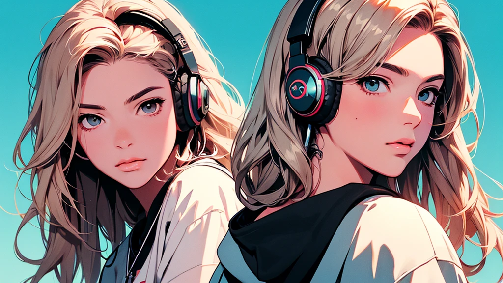 2D illustration, anime, Manga style, Bishamon from noragami, 1 Girl, Big Hair, Curly Hair, {{full name eyes}}, create, High resolution, masterpiece, Highest quality, High detail, High detailed eyes, Grain Filter, Detailed lips, High resolution, Super detailed, Portraiture, Realisticな比率, Anatomically correct, Beautiful young woman, Erin Moriarty pairing:0.7, joey king:0.5, Sydney Sweeney:0.whole bodyポートレート4枚, Illustrator, anime , Realistic ,sketch , 1 Girl, ,lip, hoodie,order, Blue gradient background, Neon Hair,Textured Trim, Canadian, (masterpiece,Highest quality), lofi, Battle DJ girl in HIPHOP fashion wearing DJ headphones,whole body,Asian,
