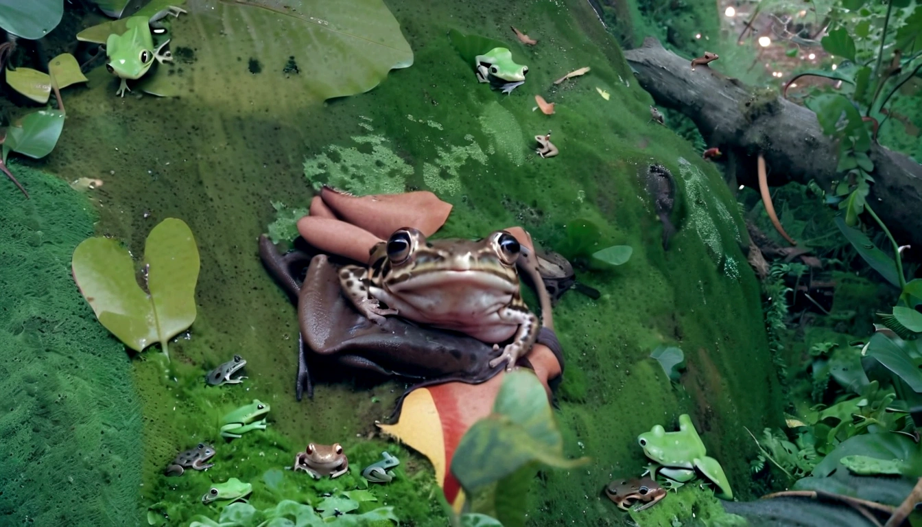 there is a frog that is sitting on a branch with an umbrella, still from nature documentary, beautiful frog, psychedelic frog, clown frog king, still from a nature documentary, jumping flying and eating frogs, frog playing on guitar, the wednesday frog, frog, cute frog, froggy, frogs, a photo of a frog with a hat, frog perspective, frog themed