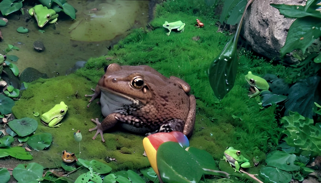 there is a frog that is sitting on a branch with an umbrella, still from nature documentary, beautiful frog, psychedelic frog, clown frog king, still from a nature documentary, jumping flying and eating frogs, frog playing on guitar, the wednesday frog, frog, cute frog, froggy, frogs, a photo of a frog with a hat, frog perspective, frog themed