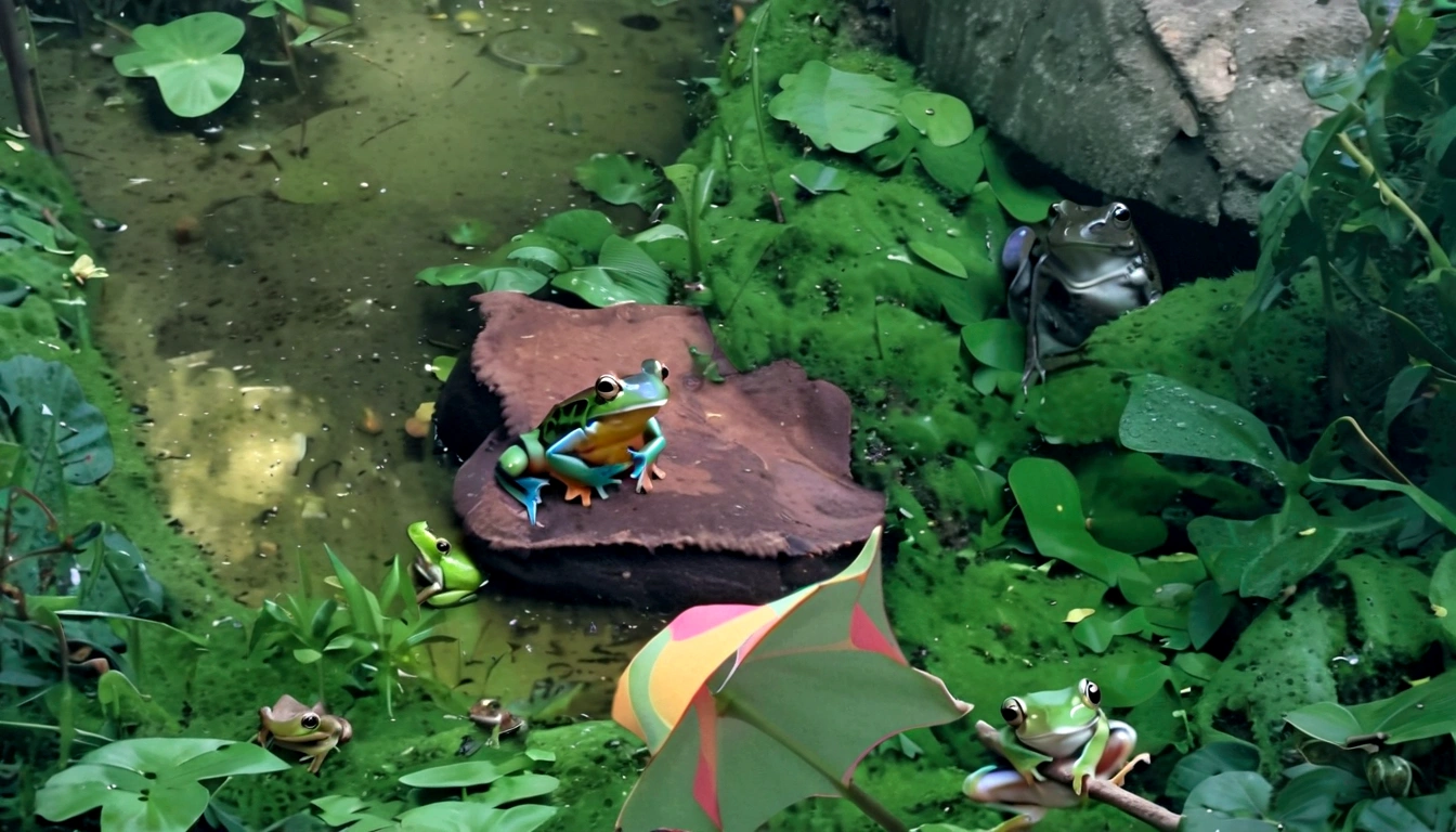 there is a frog that is sitting on a branch with an umbrella, still from nature documentary, beautiful frog, psychedelic frog, clown frog king, still from a nature documentary, jumping flying and eating frogs, frog playing on guitar, the wednesday frog, frog, cute frog, froggy, frogs, a photo of a frog with a hat, frog perspective, frog themed