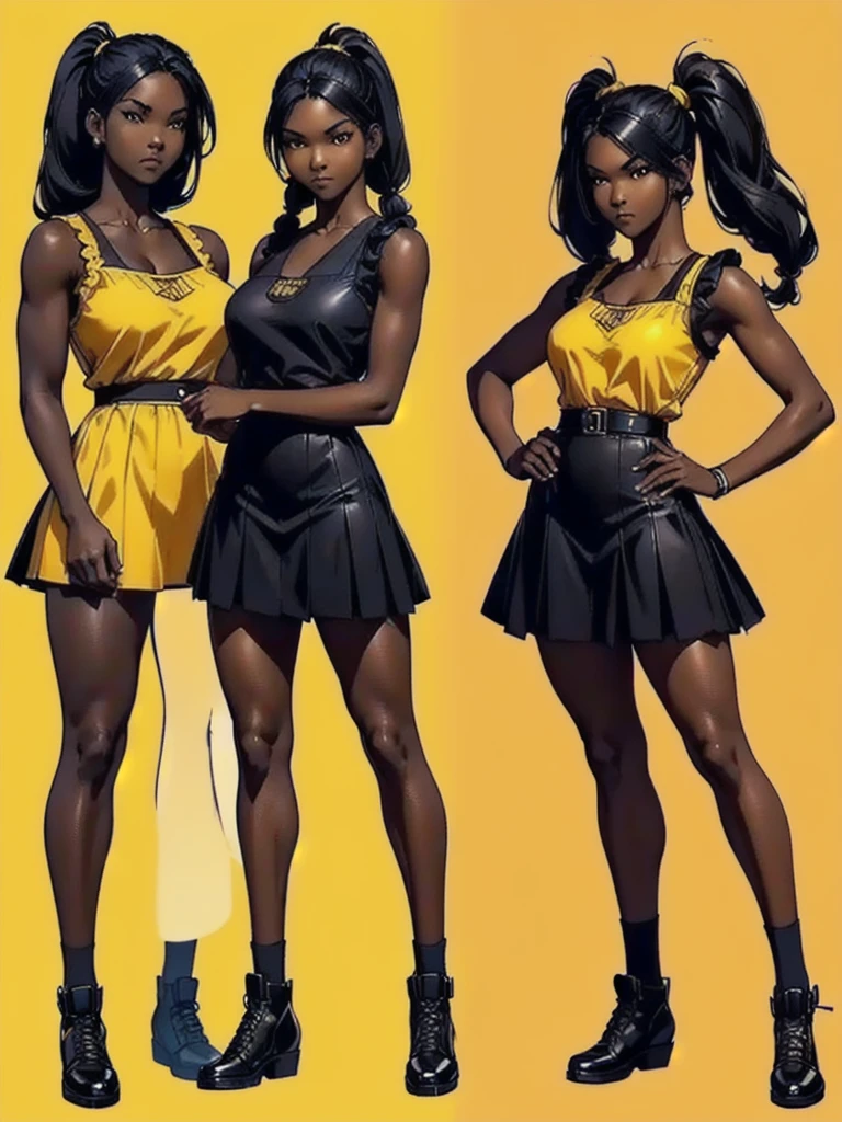 ((best quality)), ((4k)), ((highres)), ((masterpiece:1.2)). ((detailed)), ((ultra realistic)), ((intricate details)), ((full body picture)), ((character design sheet)), ((blank background)), ((standing in a blank background)), full body shot of a beautiful black female, ebony beauty, woman, 18 years old girl, dark brown skin, about 5'5 ft. tall, smirk on her face, ((smirking)), long curly black hair, ((long curly hair)), long hair, high pigtails, (((high pigtails)), dressed in a yellow sleeveless babydoll dress, ((EMPHASIS ON HER YELLOW SLEEVELESS BABYDOLL DRESS)), black leather belt on her waist, bare legs, yellow school girl HIGH SOCKS AND school girl BLACK SHOES, fighting game character design, tekken character design, the king of fighters character concept art, character concept art, full body, 18 years old female fighter, girly girl, cute girl, girly fighter character concept art