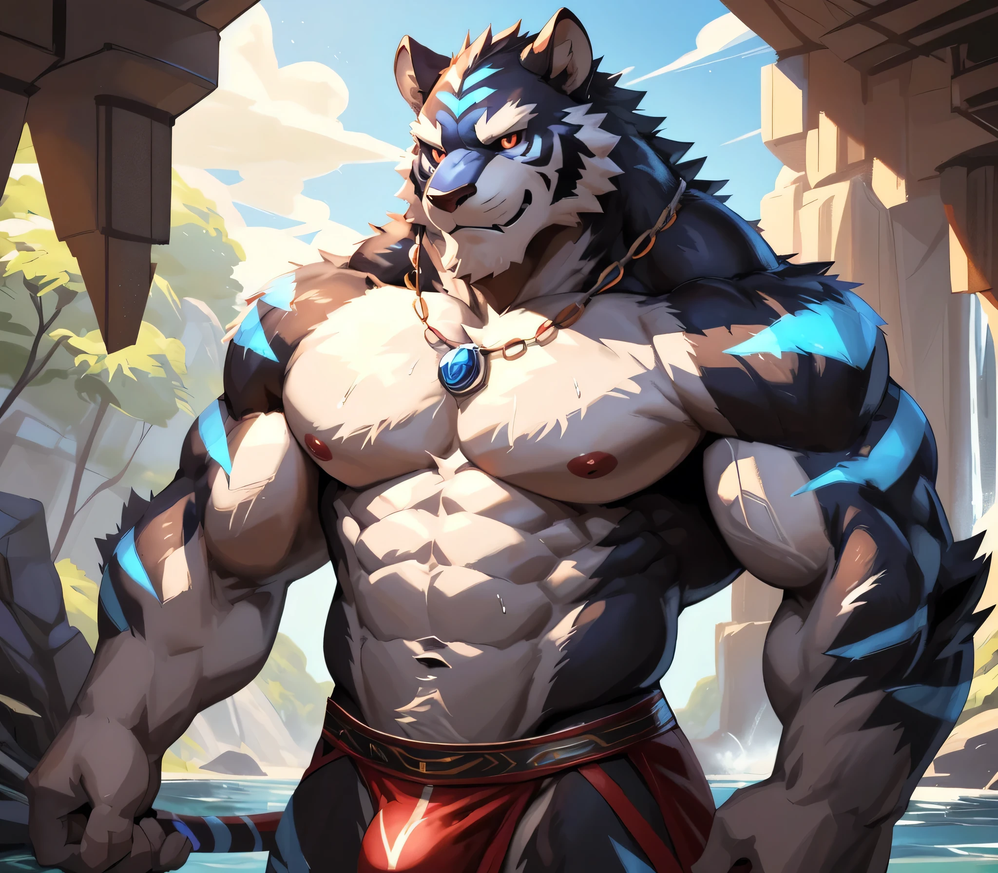 absurdres, ((best quality)), ((masterpiece)), (ultra detailed), perfect face,(sharp eyes),sharp focus, (by null-ghost,by traver009,by lindong,by pino daeni), (male antro black tiger):2.0, ((blue stripes)), ((black fur)), ((white belly)), (tiger ears, tiger tail), (sharp eye),ultra-detailed eyes, (Beautiful and delicate eyes), ((red crimson):0.2 eyes), ((white sclera)), ((fluffy fur, fluffy, furry body)),((long white loincloth), with yellow pattern):0.8, muscular male , (wearing random pattern necklace), smile, (bulge), reflection, sexy body, middle-age, strong, looking at view, (((sfw:1.5))), (( abs, strong muscle, 8 pack)), shirtless, tougue out, claw, pink nipples, handsome,(Great physique),strong arms man, majestic, barbarous, handsome, by the waterfall, sweating:1.8, anime