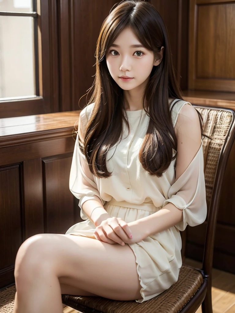 sitting on a chair in a cafe、Chiffon Brown、(Highest quality)、((Very detailed))、4K、(8K)、masterpiece、Very detailedな、Highest quality、Super Resolution、1 person、Kind Face、Soft Light、RAW quality、Soft Skin、163cm、30 years old、knees