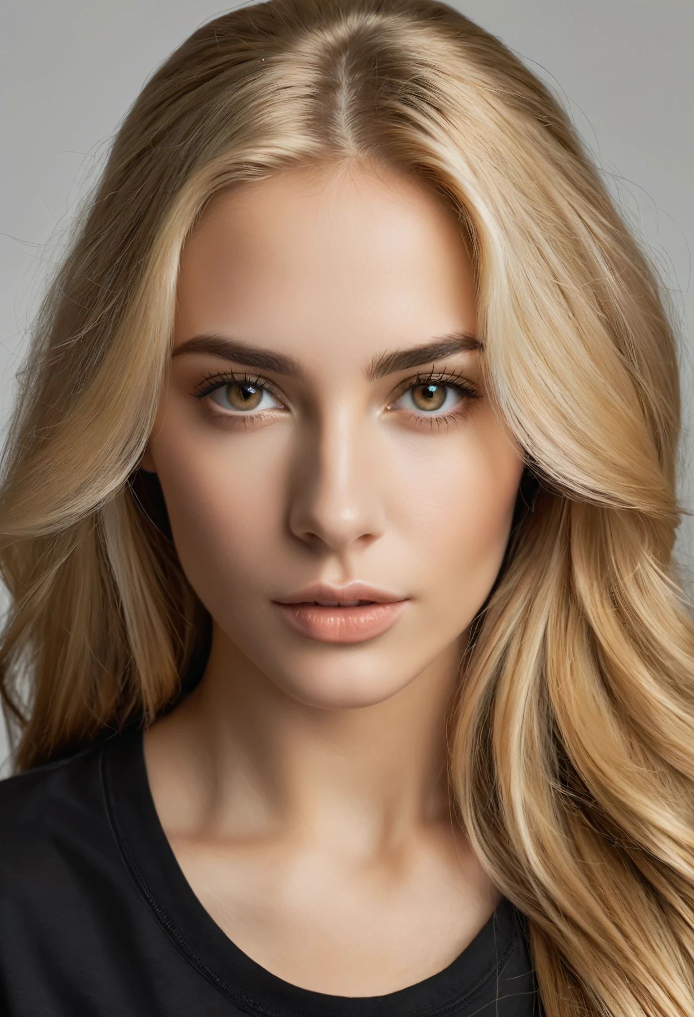 Portrait of a stunning woman with piercing brown eyes and long flowing blonde hair, wearing a black t-shirt, realistic, intricate details in clothing and facial features, studio lighting to enhance the depth and realism of the image. Ultra-textured skin, face looking directly into the camera