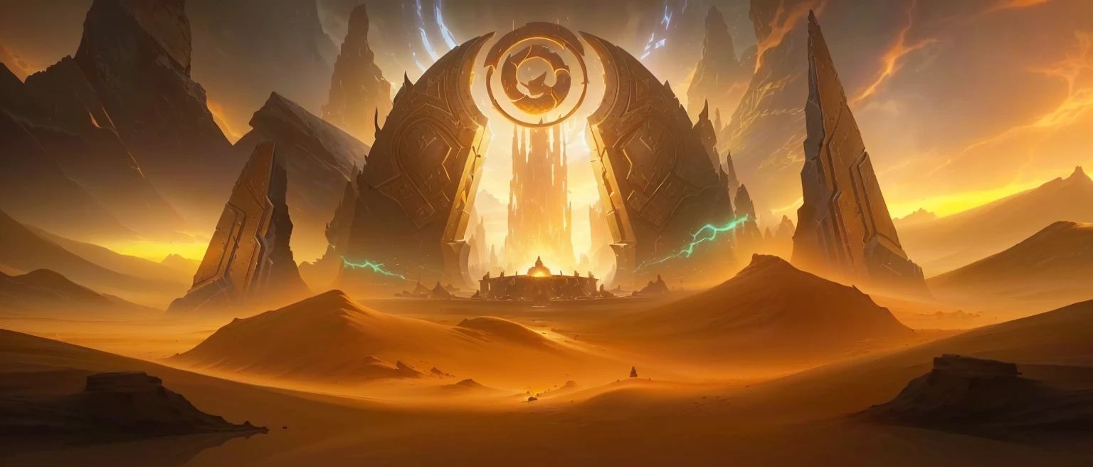 There is a number，Depicting a desert，There is a huge portal on top, Game concept art, League of Legends concept art, Research the Hell Rift Portal, Arena Background, Stunning mysterious background, World of Warcraft concept art, odin's stone Arena Background, Concept Art Magic Highlights, Portal to the Lost Realm of Flame, 8K HD wallpaper JPEG artifact