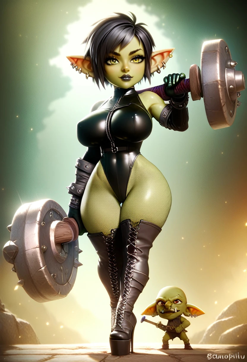 Girl, goblin girl, goblin, green skin, short, short stature,short hair, black hair, large breasts, miniskirt, latex, long gloves, thigh boots, goth, pouty lips, masterpiece, best quality, sexy, dynamic pose, 8k, shortstack, sfw, shiny, fantasy, dungeons and dragons, high heels,  fishnets, holding, dark green skin, adventurer, barbarian, large hammer  