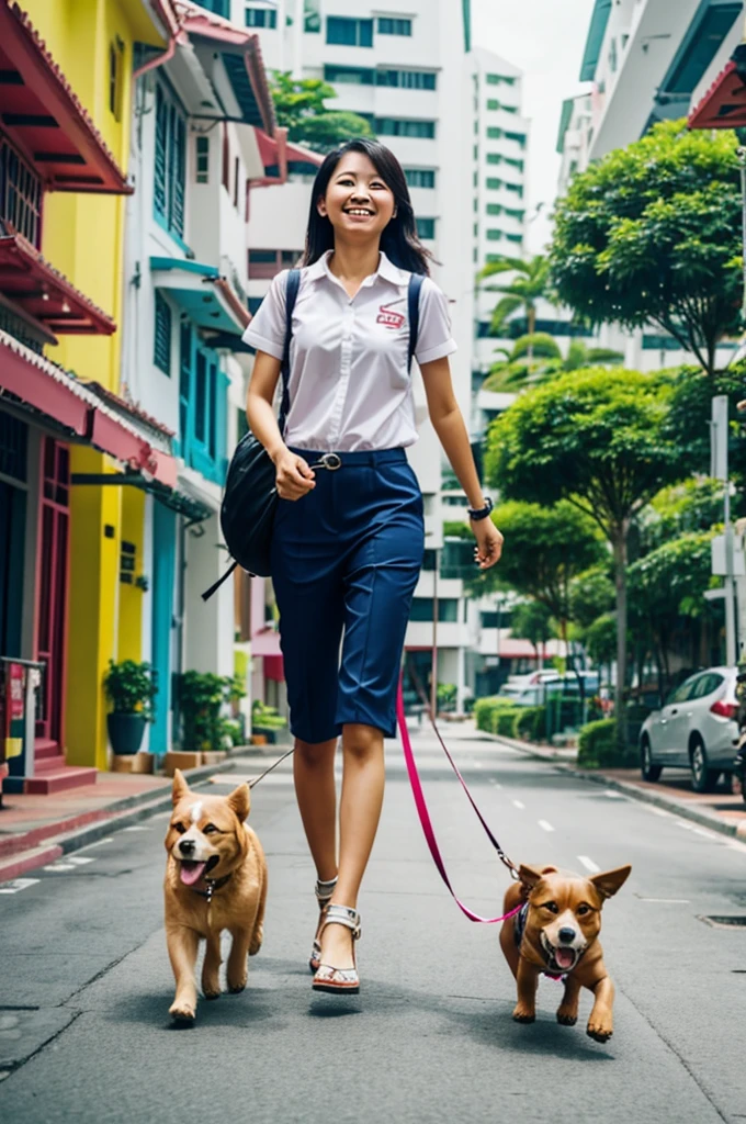 A Singaporean women walking a dog that is flying