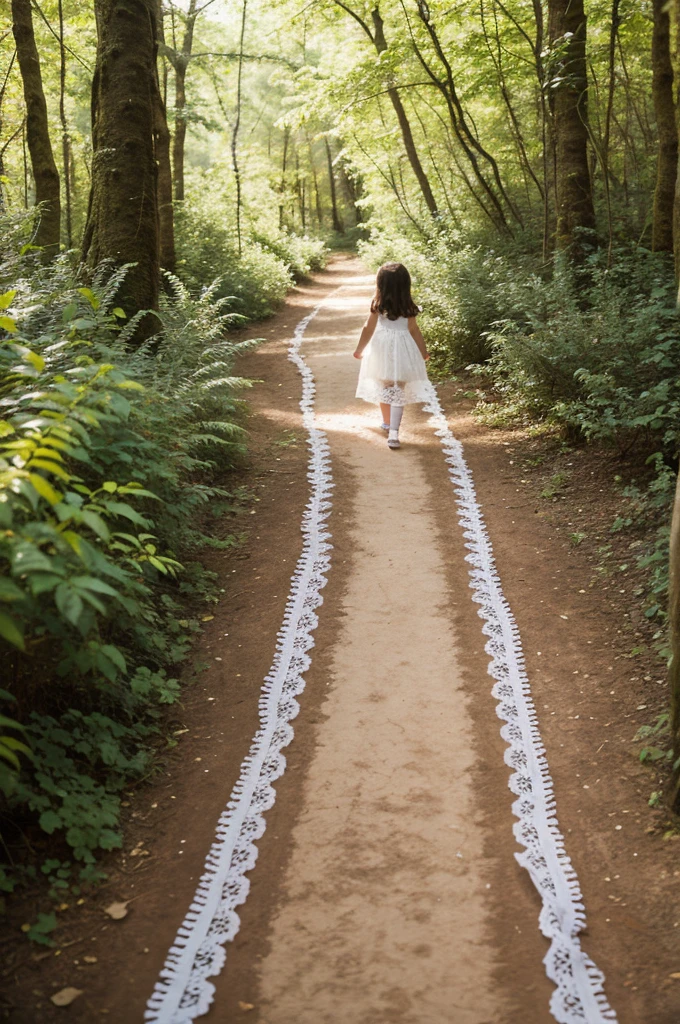 Photography, masterpiece, High resolution, Realistic image, 6 year old preschool girl, in a transparent white lace dress, walking through a forest, on a path,