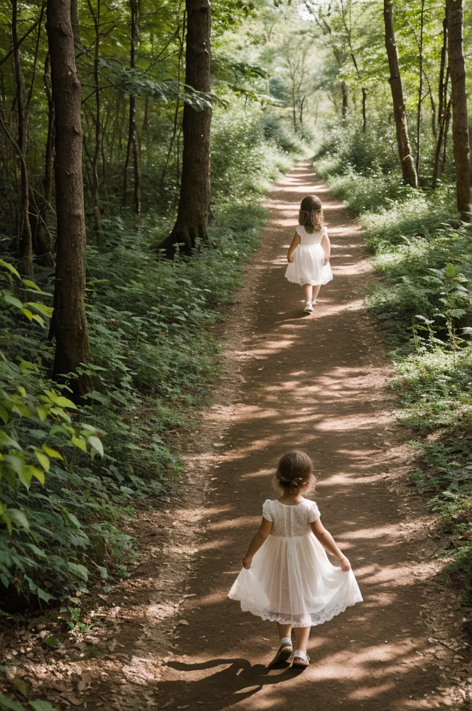 Photography, masterpiece, High resolution, Realistic image, 6 year old preschool girl, in a transparent white lace dress, walking through a forest, on a path,
