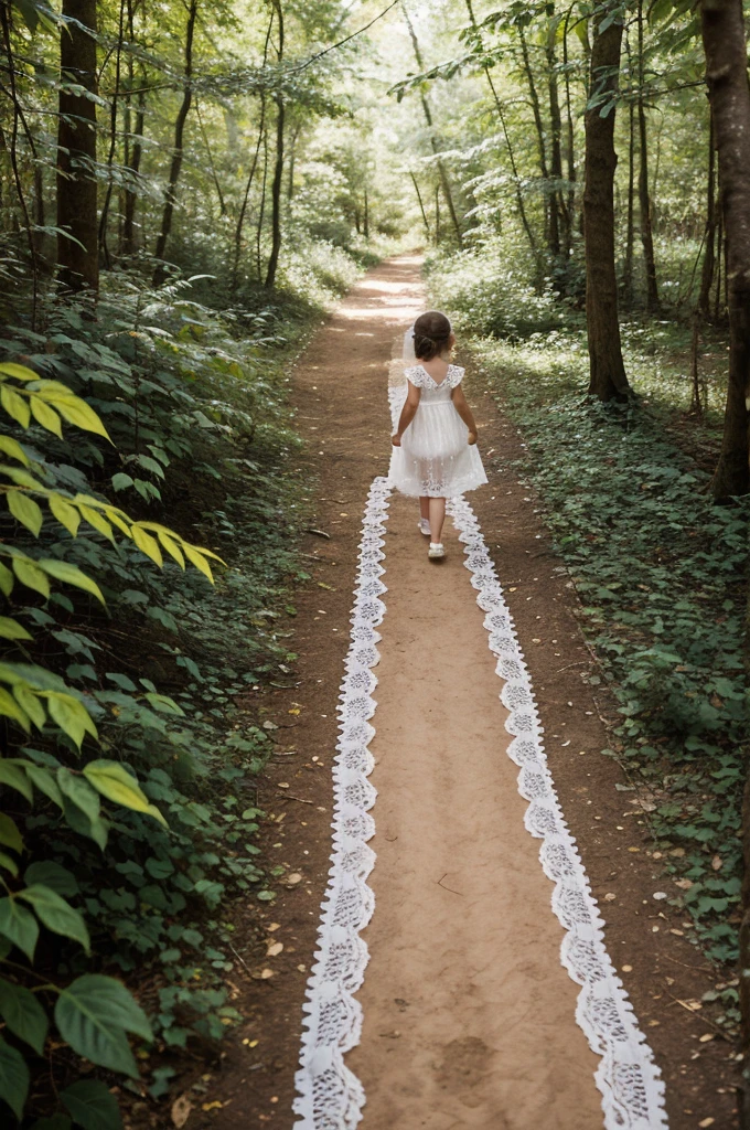 Photography, masterpiece, High resolution, Realistic image, 6 year old preschool girl, in a transparent white lace dress, walking through a forest, on a path,