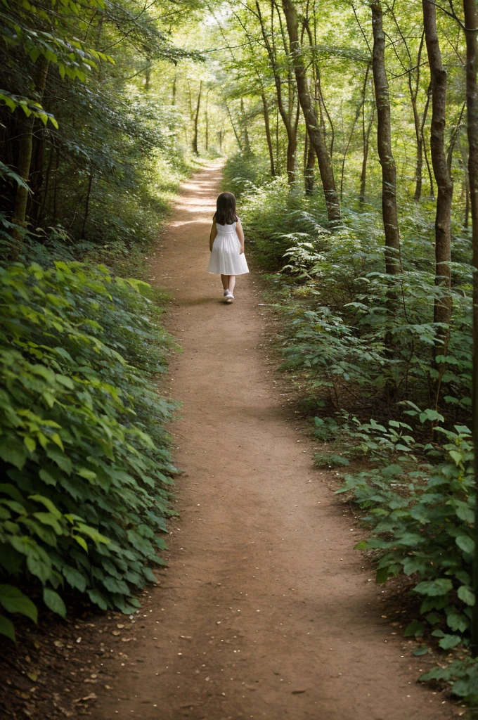 Photography, masterpiece, High resolution, Realistic image, 6 year old preschool girl, in a transparent white lace dress, walking through a forest, on a path,