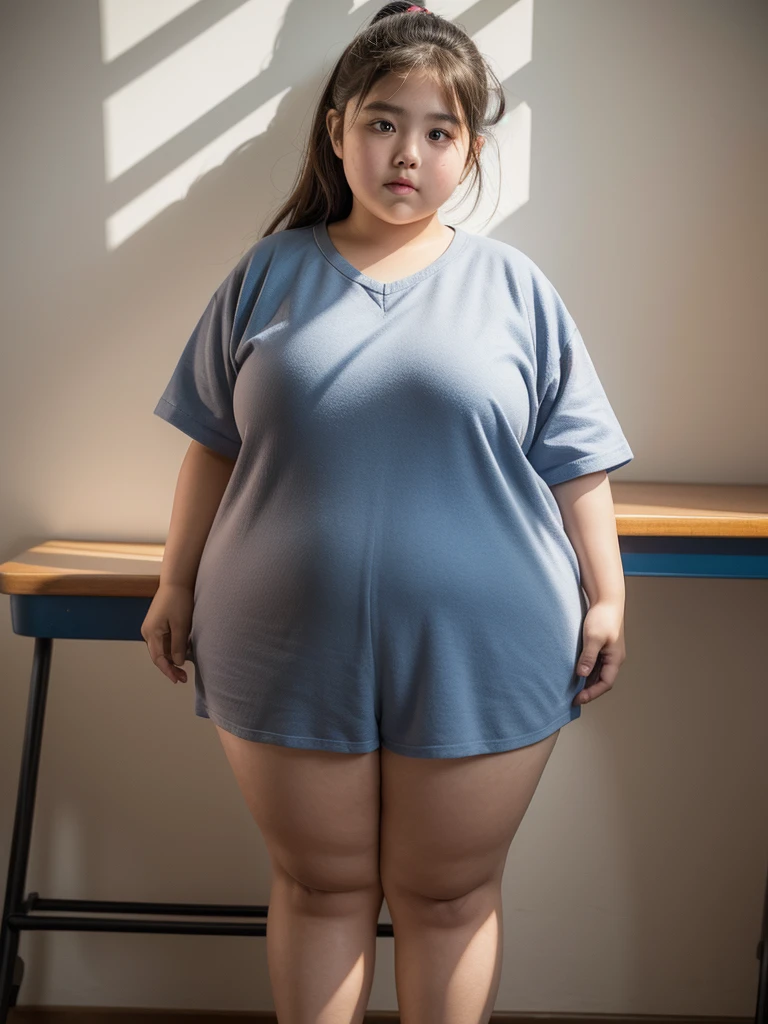 a 10 year old obese girl, chubby cheeks, round face, double chin, thick arms and legs, wearing a , standing in a school setting, realistic, detailed, highly detailed, intricate details, photorealistic, 8k, masterpiece, cinematic lighting, dramatic shadows, vibrant colors