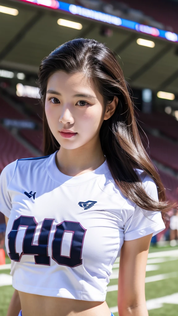 close-up of beautiful korean female, 34 inch breasts size, slicked hair back, wearing t-shirt, in the football stadium, UHD