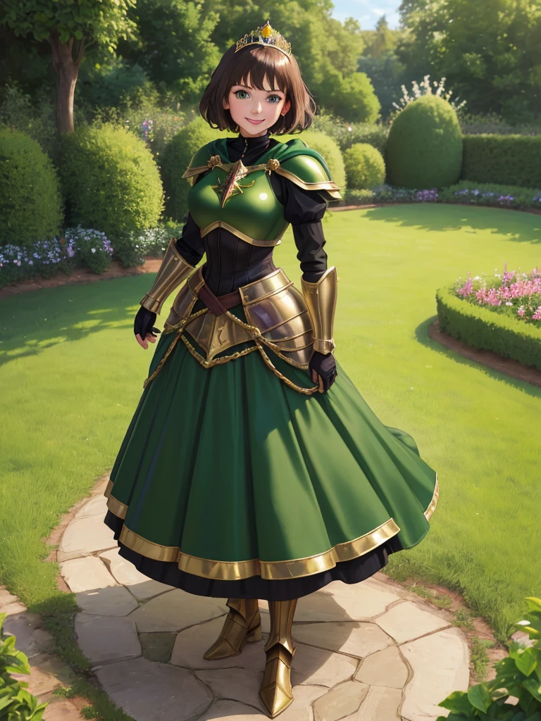 masterpiece, best quality:1.2), 1girl, smile, looking at viewer, green eyes, short brown hair, princess, armor, , pauldrons, armored dress, green cloak cape, wearing puffy blue ballgown skirt, golden tiara with green gem, armored boots, fingerless gloves, standing in medieval garden