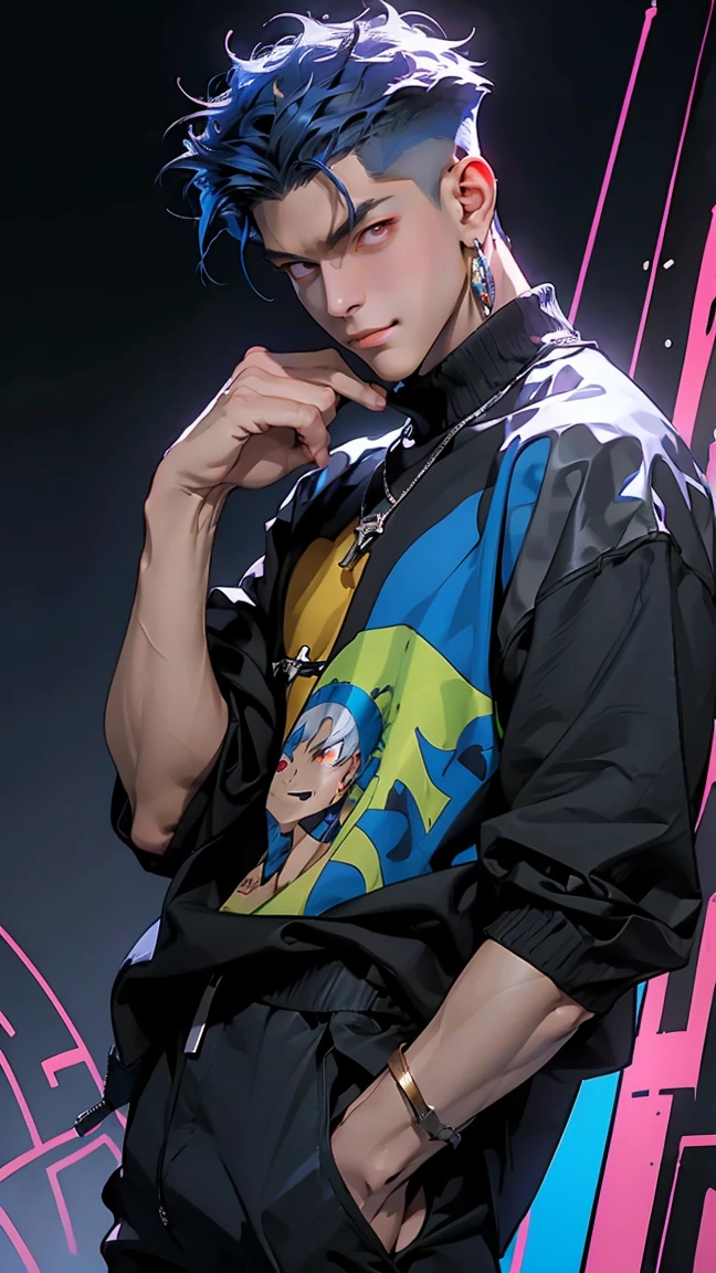 highest quality, 8K, high resolution image, anime style Jujutsu Kaisen, (Gilgamesh | Fate), detailed strokes, bored look, blurry, purple light reflecting from it, (close angle), 1 man, young, male, model, cooler Guy, multicolored background with different geometric shapes, around stickers, muscular, blue eyes, dark blue hair, hairstyle, hairstyle: undercut, short hair, blue hair, puffy chest, he is wearing a cool shirt and black sweatpants, hand in pants pocket, golden link chain, background: room, recording studio,