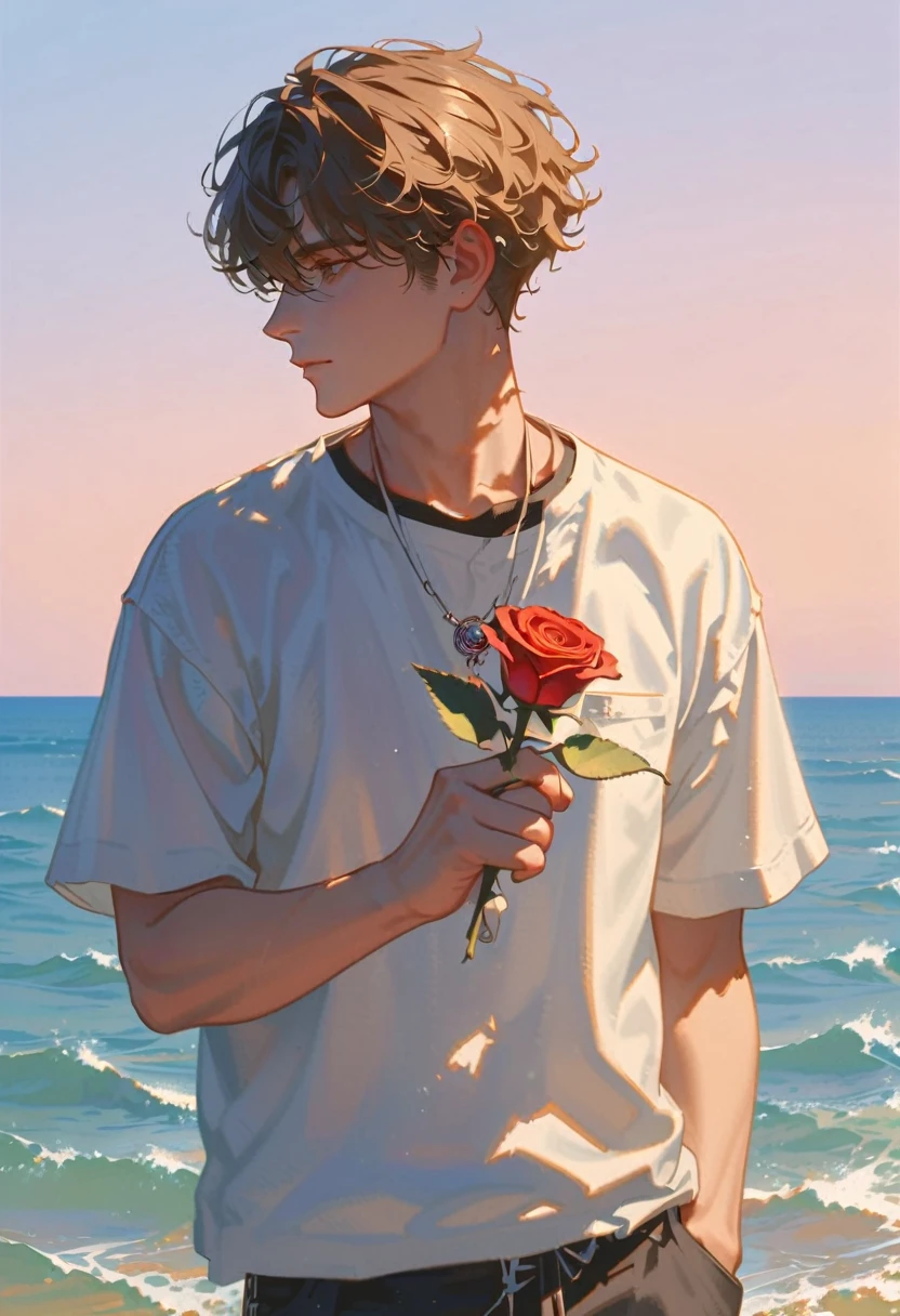 Style 9,1 boy,sea,Sunlight,whole body,holding a rose in hand,profile,casual wear,Vision