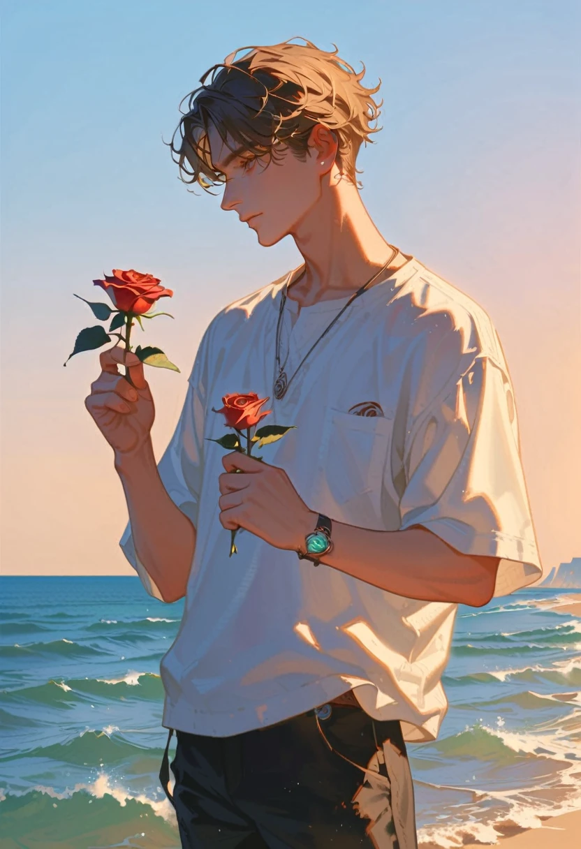 Style 9，1 boy，sea，Sunlight，whole body，holding a rose in hand，profile，casual wear，Vision