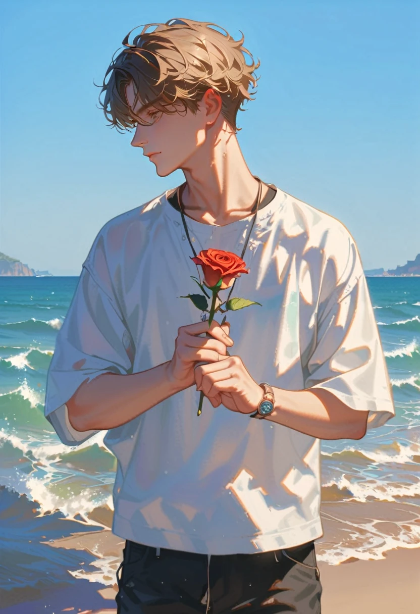 Style 9,1 boy,sea,Sunlight,whole body,holding a rose in hand,profile,casual wear,Vision