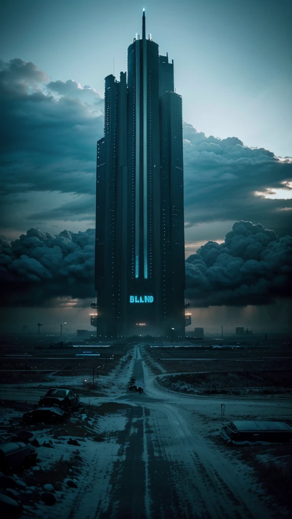 post-apocalyptic world, no humans, 4k realistic imagery, blue scenery like a movie scene, old american setting, inspired by blade runner movie scene, blue tone,