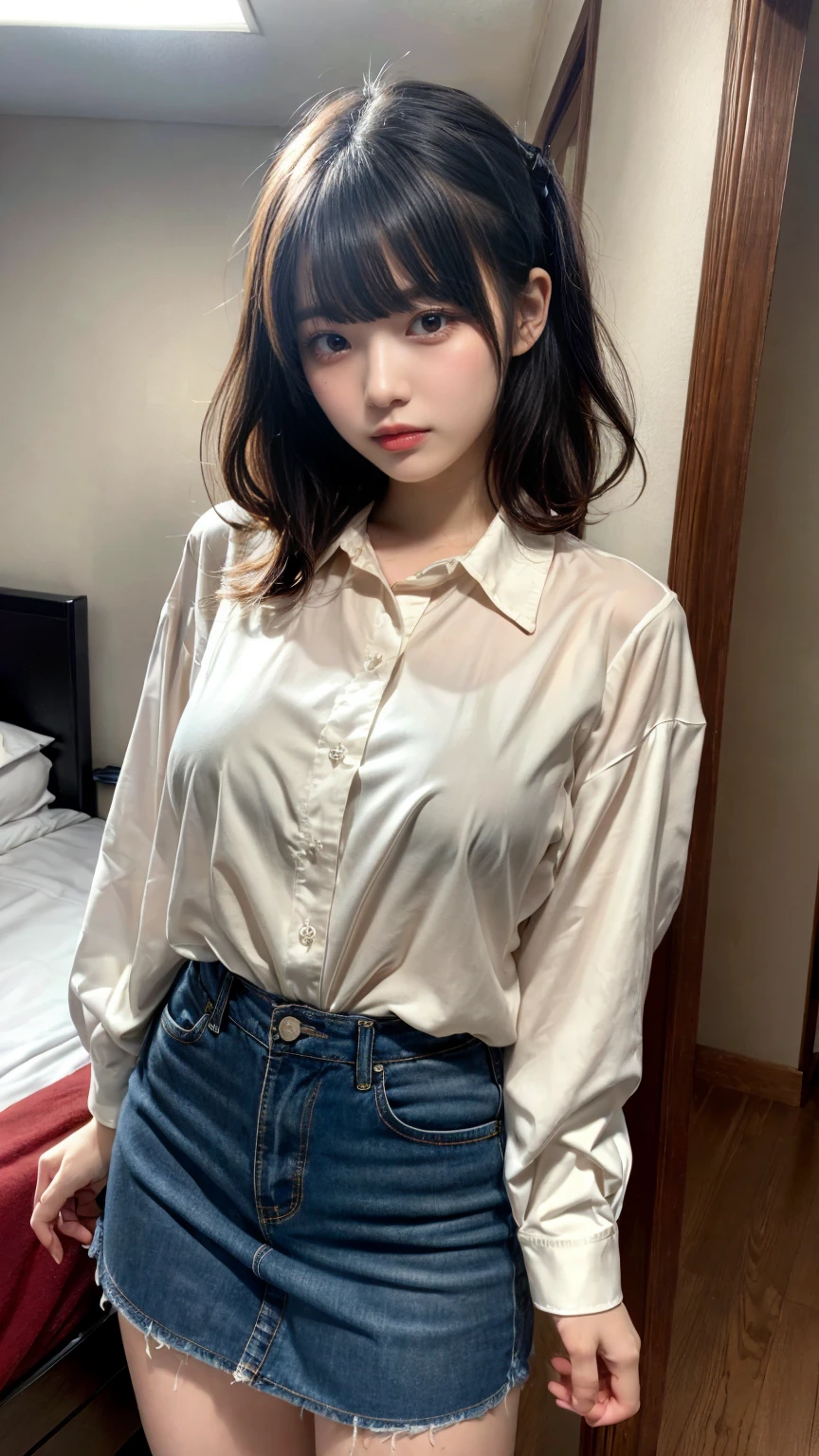 1woman, idol, long hair, brown hair, bedroom, 20 years old, see here, clothes wet, wet hair, white blouse, white miniskirt,