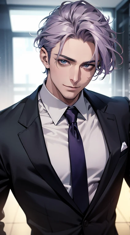 (best quality,4k,8k,highres,masterpiece:1.2),ultra-detailed,(realistic,photorealistic,photo-realistic:1.37),1 man,31 years old,mature man,very handsome,without expression,smile,short grey purple hair,blue eyes,penetrating gaze,perfect face without errors,imposing posture,businessman,office background,cinematic lighting,hdr image