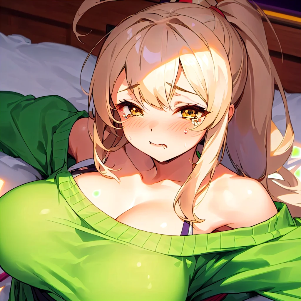 blonde hair with black roots, tired haggard face, eye lines, crows feet, mature old gyaru, japanese milf, huge breasts, massive breasts, gyaru, huge lips, lipstick, green sweater, tired eyes, eye bags, purple rings around eyes, crazy, chubby, fat, bbw, sleepy eyes, in room full of anime pictures and posters, bedroom, casual clothing, otaku, otaku culture, bedroom, green sweater, gyaru, tanned skin, wrinkles under eyes, amber eyes, deeply distressed, frantic, crying, drooling, sweating, racoon bags under eyes, long face, messed up makeup, ponytail, messy hair
